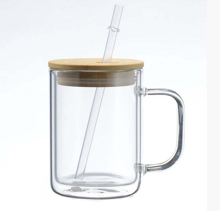 15oz glass Snowglobe mug with lid and straw
